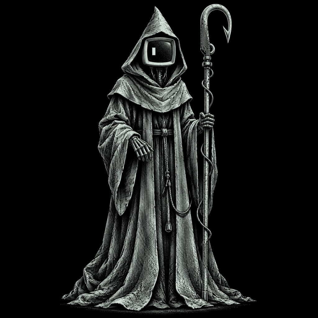 The Operator: a hooded figure with a CRT screen for a face, holding a staff that ends in a hook